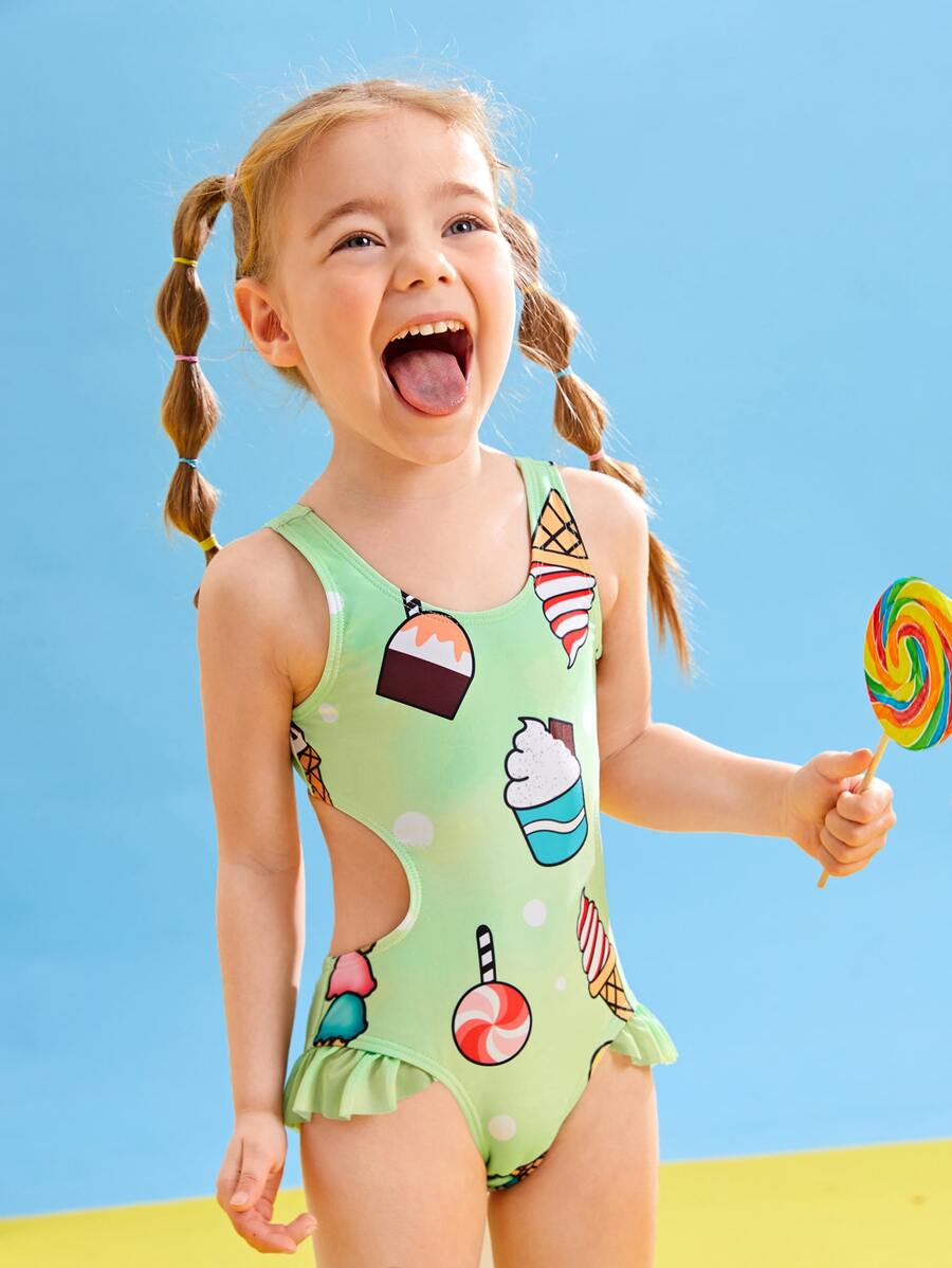 Toddler Girls Cartoon Graphic Ruffle Trim One Piece Swimsuit - Multicolor - View 1
