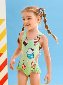 Toddler Girls Cartoon Graphic Ruffle Trim One Piece Swimsuit - Multicolor - View 4