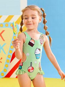 Toddler Girls Cartoon Graphic Ruffle Trim One Piece Swimsuit - Multicolor - View 6