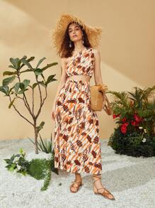 SHEIN VCAY Crab & Shell Print One Shoulder Crop Top & Skirt - Multicolor - View 1