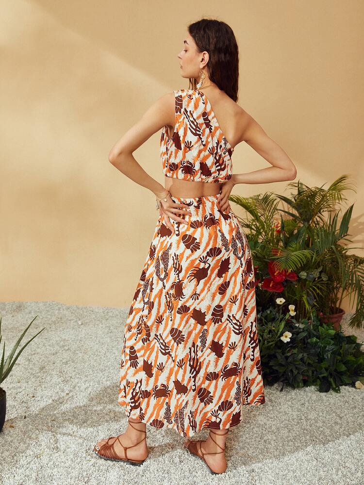 Crab & Shell Print One Shoulder Crop Top & Skirt