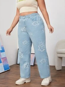 SHEIN EZwear Plus High Waist Floral Print Jeans - Light Wash - View 1