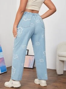 SHEIN EZwear Plus High Waist Floral Print Jeans - Light Wash - View 2