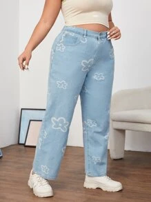 SHEIN EZwear Plus High Waist Floral Print Jeans - Light Wash - View 3