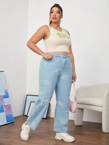 SHEIN EZwear Plus High Waist Floral Print Jeans - Light Wash - View 4