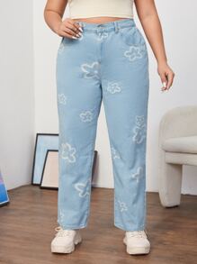SHEIN EZwear Plus High Waist Floral Print Jeans - Light Wash - View 5