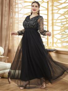 Modelyn Plus Size Mesh Overlay Puff Sleeve Dress - Black - View 1