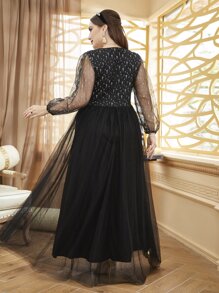 Modelyn Plus Size Mesh Overlay Puff Sleeve Dress - Black - View 2