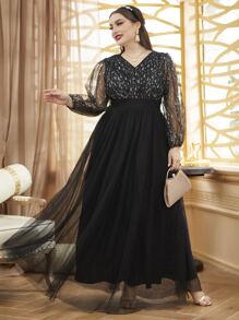 Modelyn Plus Size Mesh Overlay Puff Sleeve Dress - Black - View 3