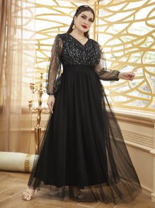 Modelyn Plus Size Mesh Overlay Puff Sleeve Dress - Black - View 4