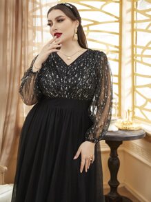 Modelyn Plus Size Mesh Overlay Puff Sleeve Dress - Black - View 5