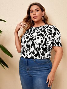 SHEIN Unity Plus Allover Print Puff Sleeve Blouse - Black and White - View 5
