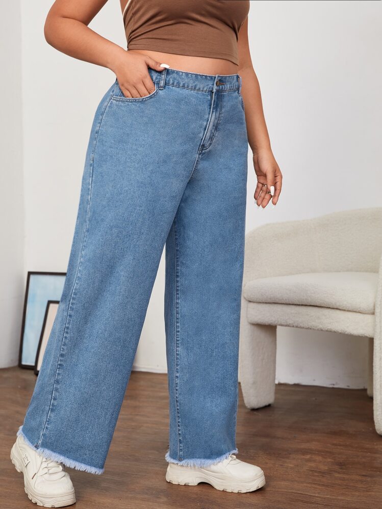 SHEIN EZwear Plus High Waist Raw Hem Wide Leg Jeans - Medium Wash - View 1