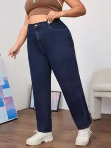 SHEIN Quần Denim kích thước lớn Nút Túi Dây kéo màu trơn - Rửa tối - Xem 1