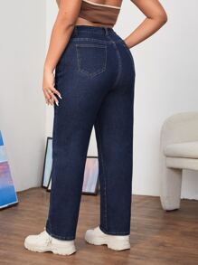 SHEIN Quần Denim kích thước lớn Nút Túi Dây kéo màu trơn - Rửa tối - Xem 2