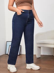 SHEIN Quần Denim kích thước lớn Nút Túi Dây kéo màu trơn - Rửa tối - Xem 5