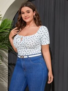 SHEIN Privé Camiseta floral con nudo delantero de manga raglán - Morado Violeta - Ver 3