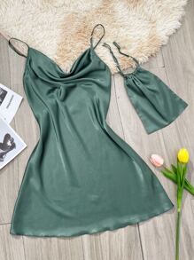 Backless Satin Night Dress With Storage Bag - Cadet Blue - View 1