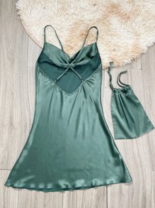 Backless Satin Night Dress With Storage Bag - Cadet Blue - View 2