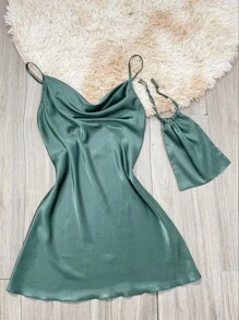 Backless Satin Night Dress With Storage Bag - Cadet Blue - View 5