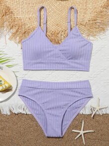 Tween Girl Plain Bikini Set Summer Beach - Lilac Purple - View 1