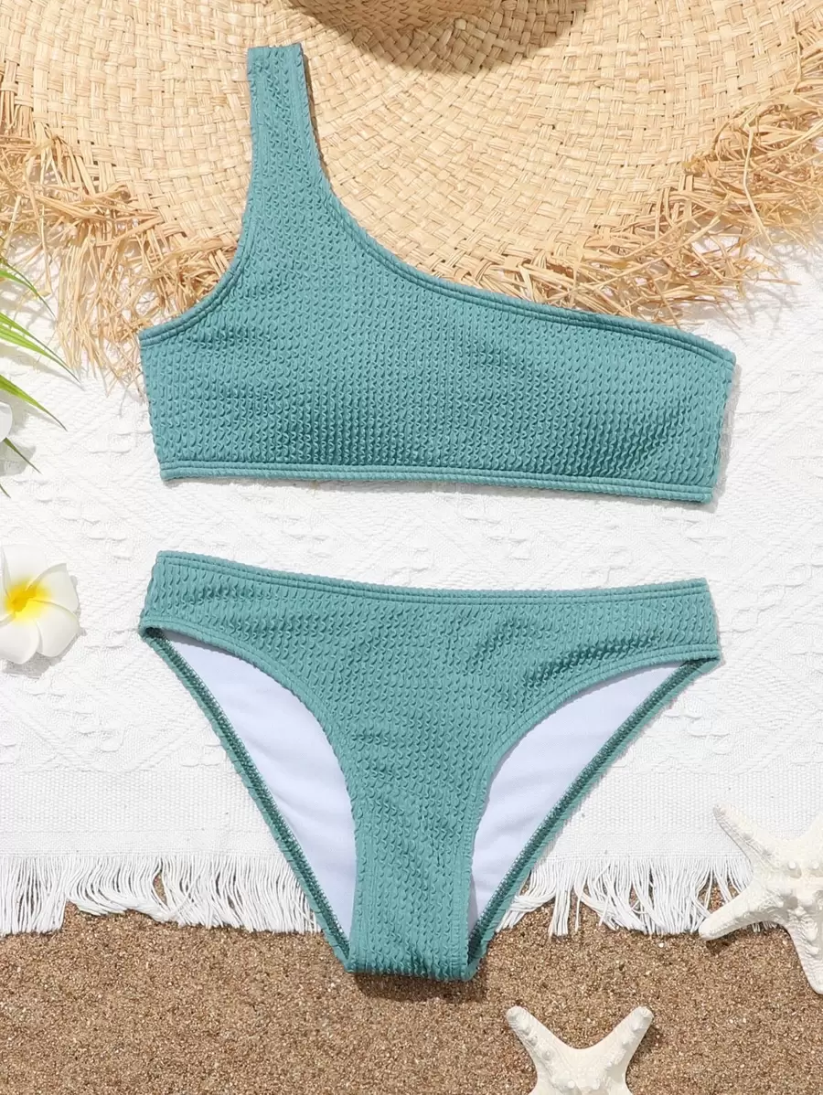 Conjunto de bikini con un hombro texturizado para niña preadolescente, playa de verano - Agua verde azul - Ver 1