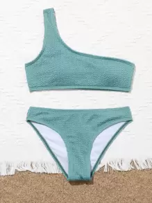 Conjunto de bikini con un hombro texturizado para niña preadolescente, playa de verano - Agua verde azul - Ver 3