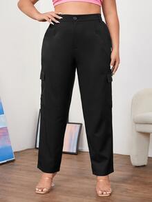 Quần Plus Size Túi màu trơn Giải trí - màu đen - Xem 4