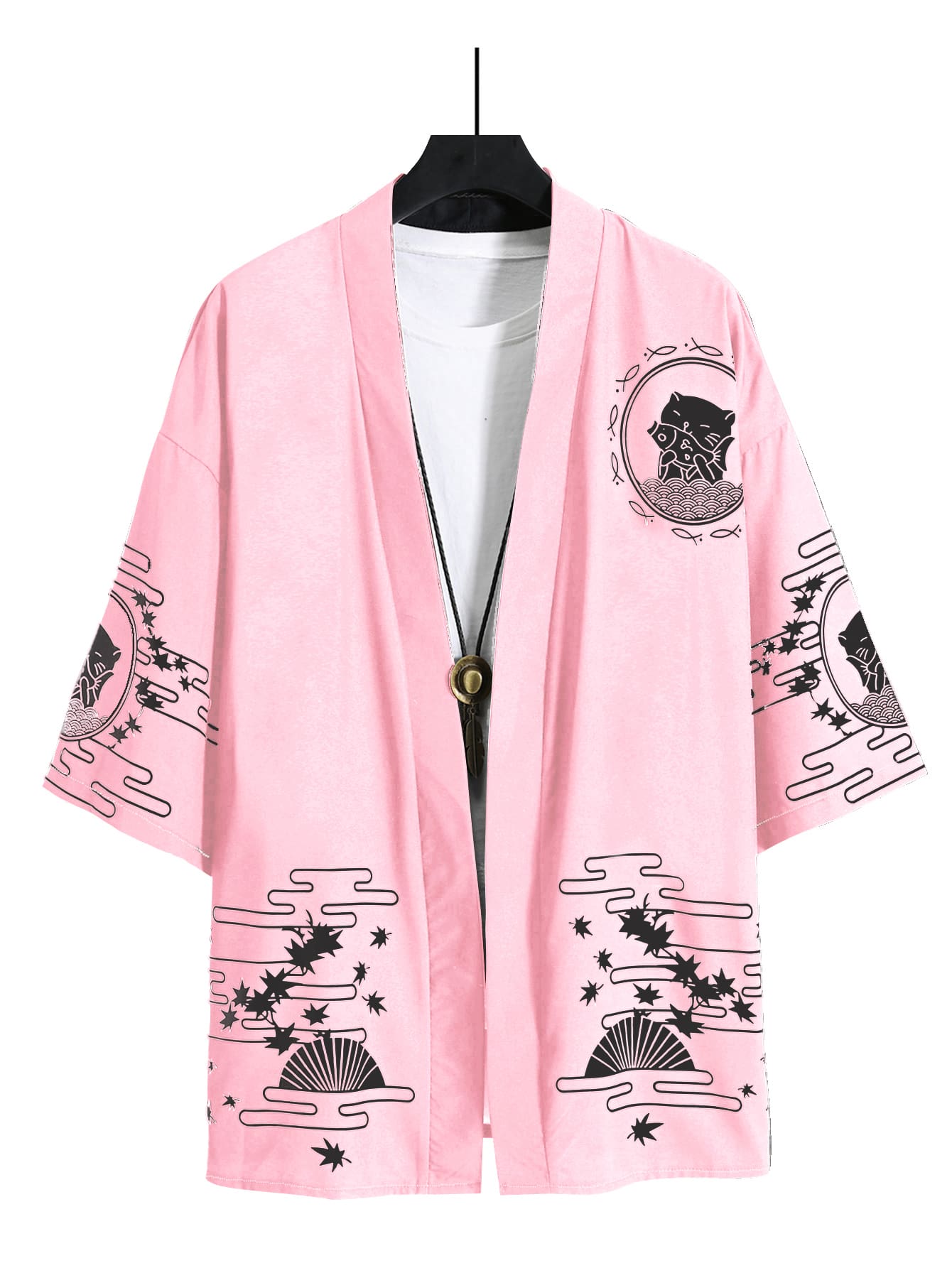 Manfinity EMRG 男士卡通和星星印花落肩袖和服罩衫不帶T恤 - 淺粉色 - 查看 1