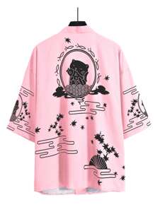 Manfinity EMRG 男士卡通和星星印花落肩袖和服罩衫不帶T恤 - 淺粉色 - 查看 2