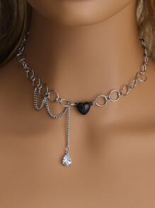 Water-drop Rhinestone Charm Heart Decor Necklace - Silver - View 1