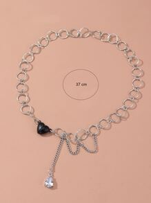 Water-drop Rhinestone Charm Heart Decor Necklace - Silver - View 3