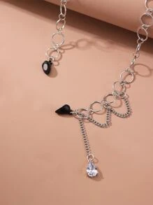 Water-drop Rhinestone Charm Heart Decor Necklace - Silver - View 4