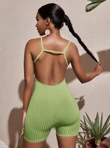 SHEIN SXY Solid Backless Skinny Cami Romper - Lime Green - View 1