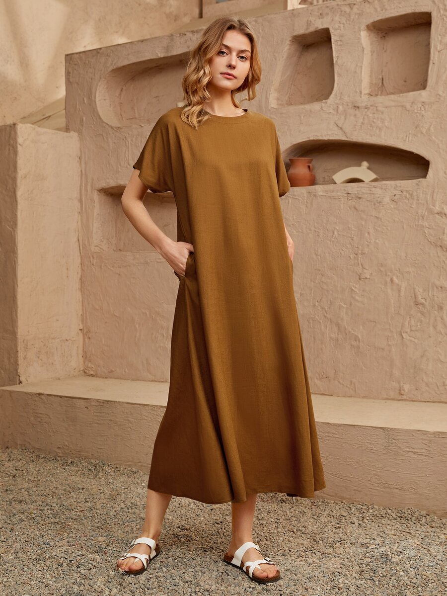 SHEIN Đầm Buộc lại màu trơn Giải trí - màu nâu - Xem 1