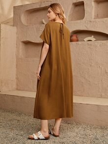 SHEIN Đầm Buộc lại màu trơn Giải trí - màu nâu - Xem 2