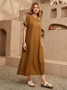 SHEIN Đầm Buộc lại màu trơn Giải trí - màu nâu - Xem 3