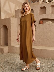 SHEIN Đầm Buộc lại màu trơn Giải trí - màu nâu - Xem 4