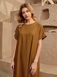 SHEIN Đầm Buộc lại màu trơn Giải trí - màu nâu - Xem 5