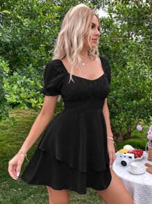 SHEIN MOD Váy cô dâu viền cổ nhiều lớp ngọt ngào - màu đen - Xem 5