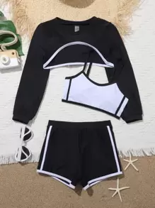 3packs Tween Girl Color Block Bikini Set Summer Beach - Black and White - View 1