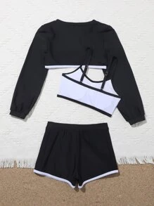 3packs Tween Girl Color Block Bikini Set Summer Beach - Black and White - View 2