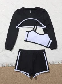 3packs Tween Girl Color Block Bikini Set Summer Beach - Black and White - View 5