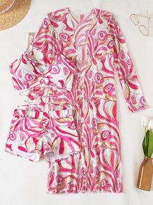 Allover Print Drawstring Bikini Set With Kimono, For Summer Beach Vacation - Multicolor - View 3