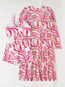 Allover Print Drawstring Bikini Set With Kimono, For Summer Beach Vacation - Multicolor - View 4