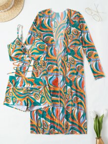 SHEIN Swim Summer Beach Swirl Print Bikini Set Criss Cross Bra & Ruched Shorts & Beach Cover Up 3 Piece Bathing Suit - Multicolor - View 3