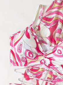 Allover Print Drawstring Bikini Set With Kimono, For Summer Beach Vacation - Multicolor - View 5