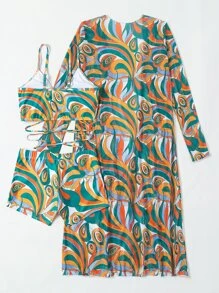 SHEIN Swim Summer Beach Swirl Print Bikini Set Criss Cross Bra & Ruched Shorts & Beach Cover Up 3 Piece Bathing Suit - Multicolor - View 4
