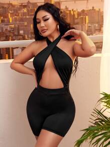 SHEIN SXY Criss Cross Backless Unitard - Black - View 5