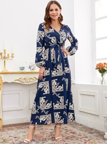 巴洛克風格圖案交疊領燈籠袖繫腰帶洋裝 - 藏蓝色 - 查看 1